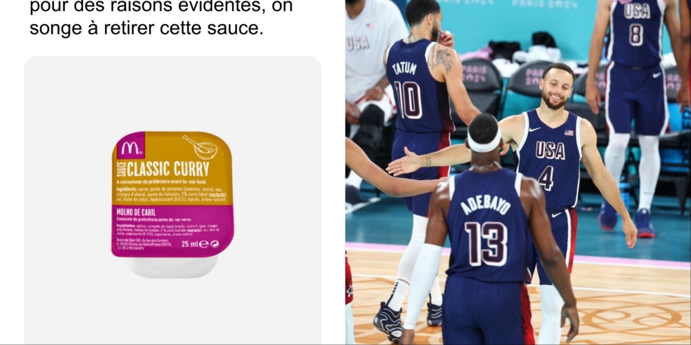 球星Stephen Curry金牌戰優異表現帶領美國隊拿到金牌5連霸。（左圖源自mcdonaldsfrance／IG，右圖為中央社記者王騰毅巴黎攝，經合成）